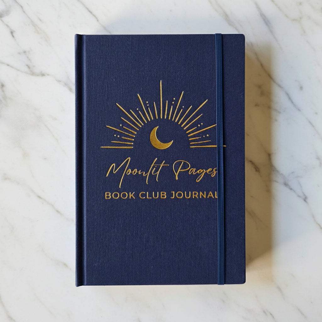 Moonlit Pages Book Club Journal navy hardcover with gold foil moon design