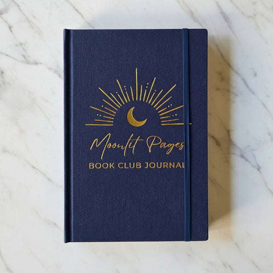 Moonlit Pages Book Club Journal navy hardcover with gold foil moon design
