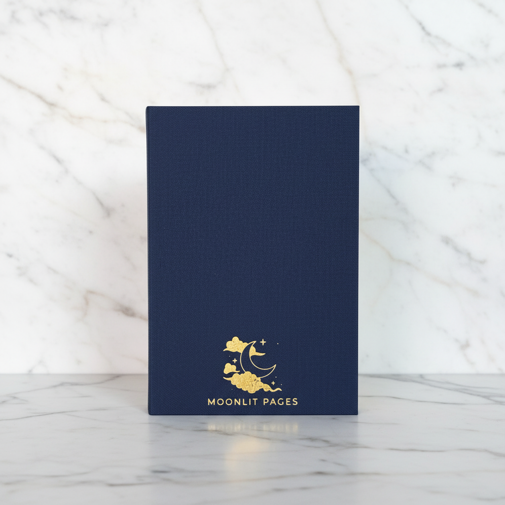 Moonlit Pages Book Club Journal navy hardcover with gold foil moon design