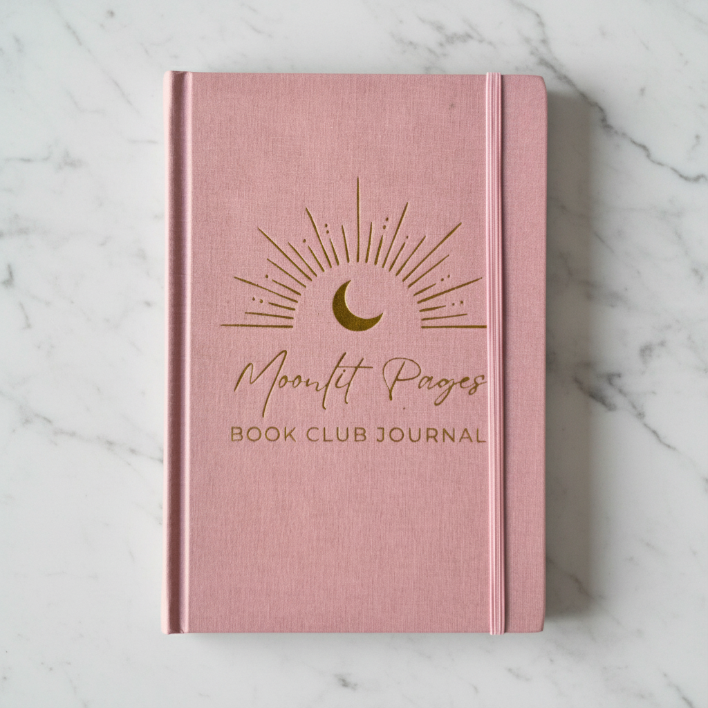Moonlit Pages Book Club Journal dusty pink hardcover with gold foil moon design