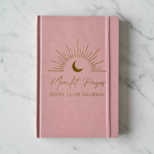 Moonlit Pages Book Club Journal dusty pink hardcover with gold foil moon design