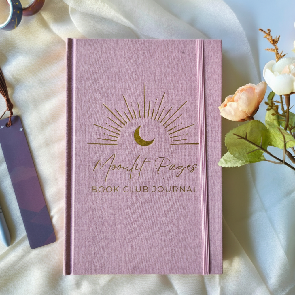 Moonlit Pages Book Club Journal dusty pink hardcover with gold foil moon design
