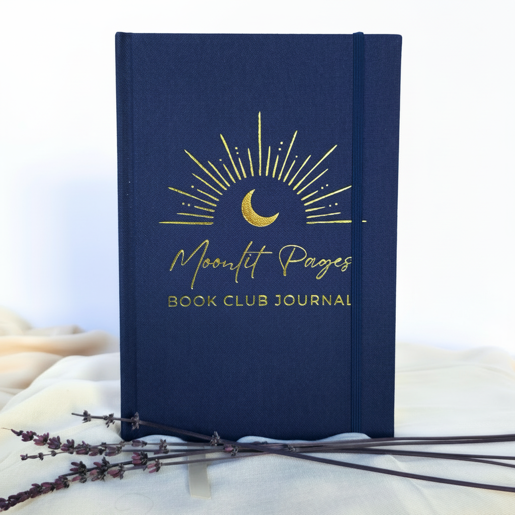 Moonlit Pages Book Club Journal navy hardcover with gold foil moon design