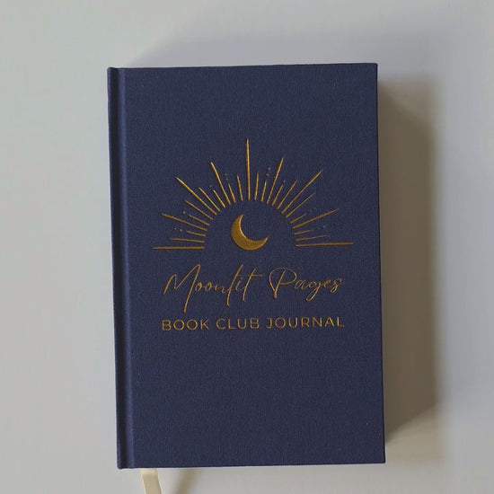 Moonlit Pages Book Club Journal navy hardcover with gold foil moon design